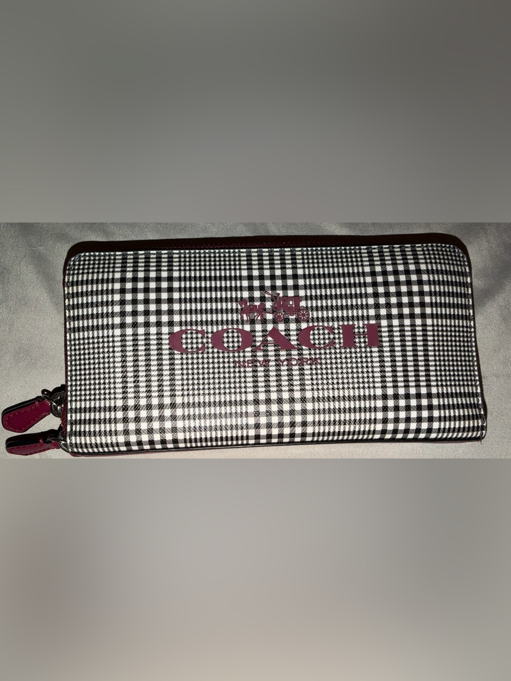 Coach Peyton Glen Black & White Plaid Wallet with Wine Accents